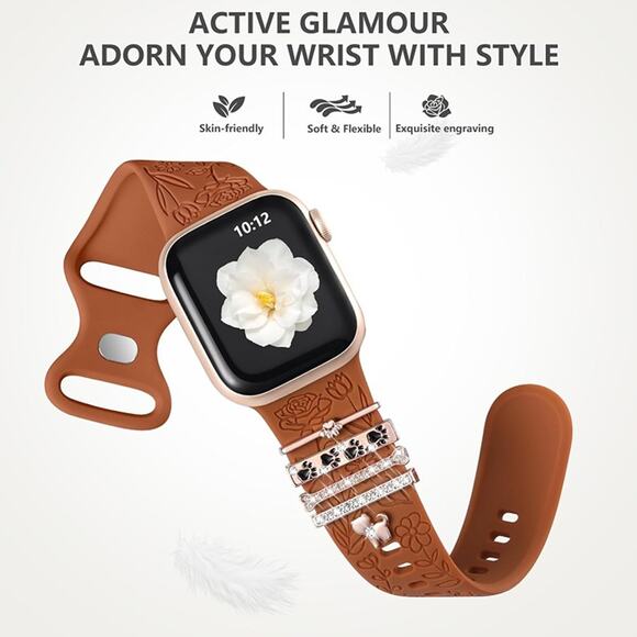 Flower Engraved Band Compatible with Apple Watch Bands for Women RedBrown Band - Picture 5 of 6